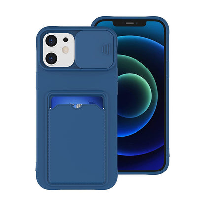 Coque Porte-carte en Silicone Avec Protection Coulissante pour iPhone 14 Pro Max - Bleu