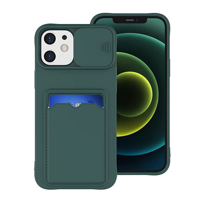 Coque Porte-carte en Silicone Avec Protection Coulissante pour iPhone 16 - Vert Foncé