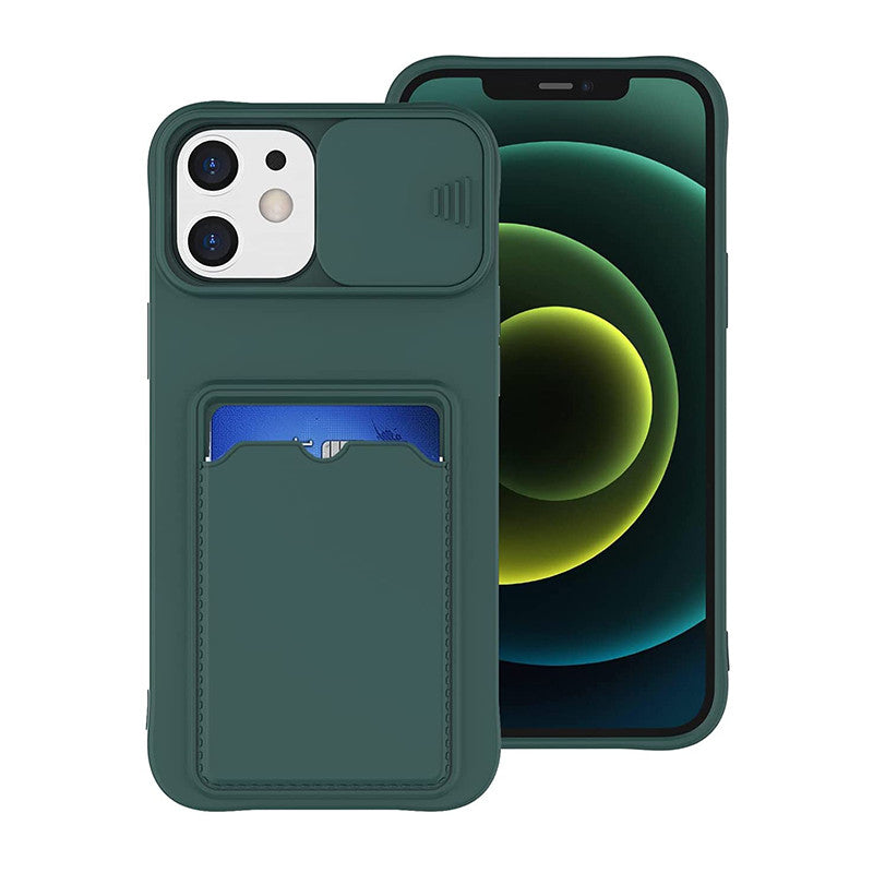 Coque Porte-carte en Silicone Avec Protection Coulissante pour iPhone 16 Pro Max - Vert Foncé