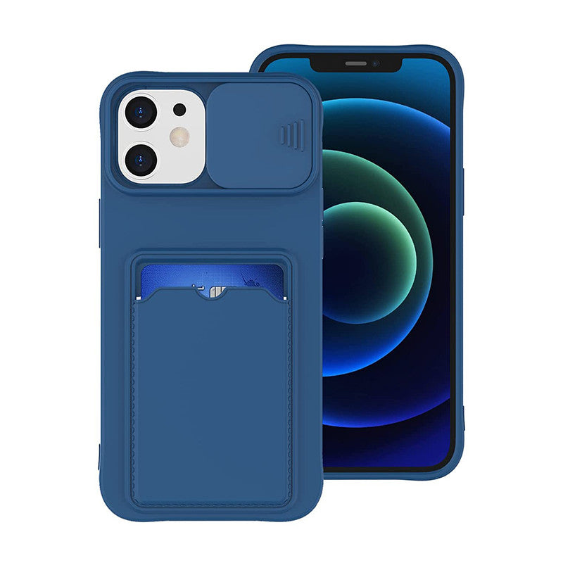 Coque Porte-carte en Silicone Avec Protection Coulissante pour iPhone 16 Pro Max - Bleu