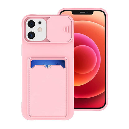 Coque Porte-carte en Silicone Avec Protection Coulissante pour iPhone 16 Pro Max - Rose