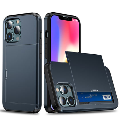 Coque Porte-cartes Armure Coulissante pour iPhone 14 Pro Max - Bleu Foncé