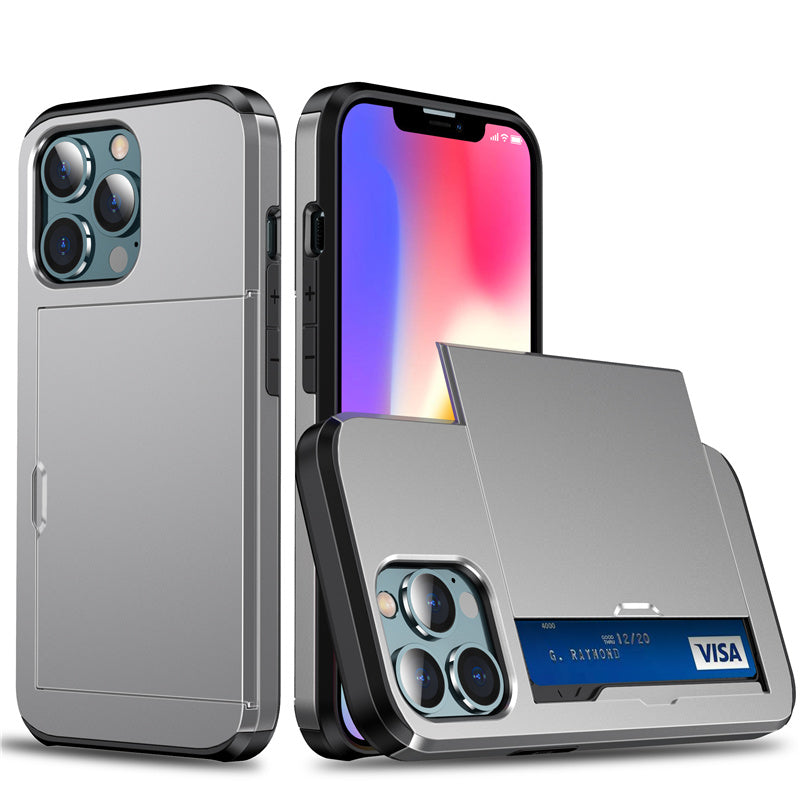 Coque Porte-cartes Armure Coulissante pour iPhone 14 Pro Max - Gris