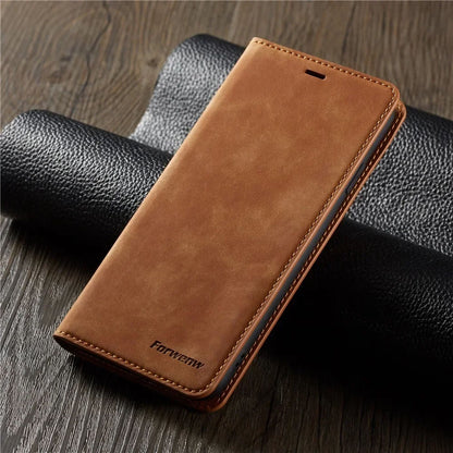 Étui Portefeuille en Cuir Souple avec Aimant et Support pour iPhone 14 - Marron