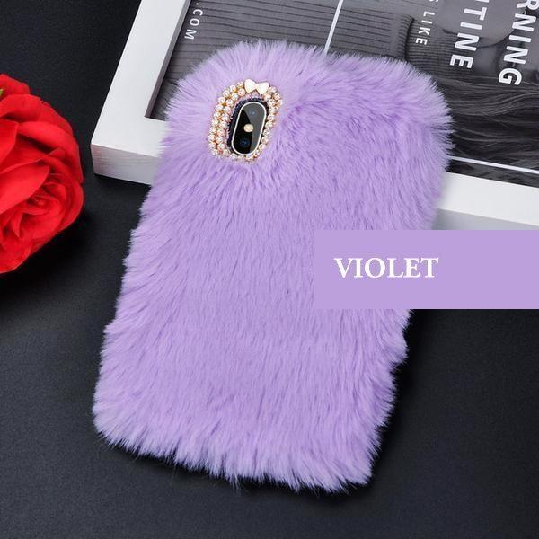 Coque luxueuse en fourrure de lapin incrustée de diamant pour iPhone SE 2020 - Violet