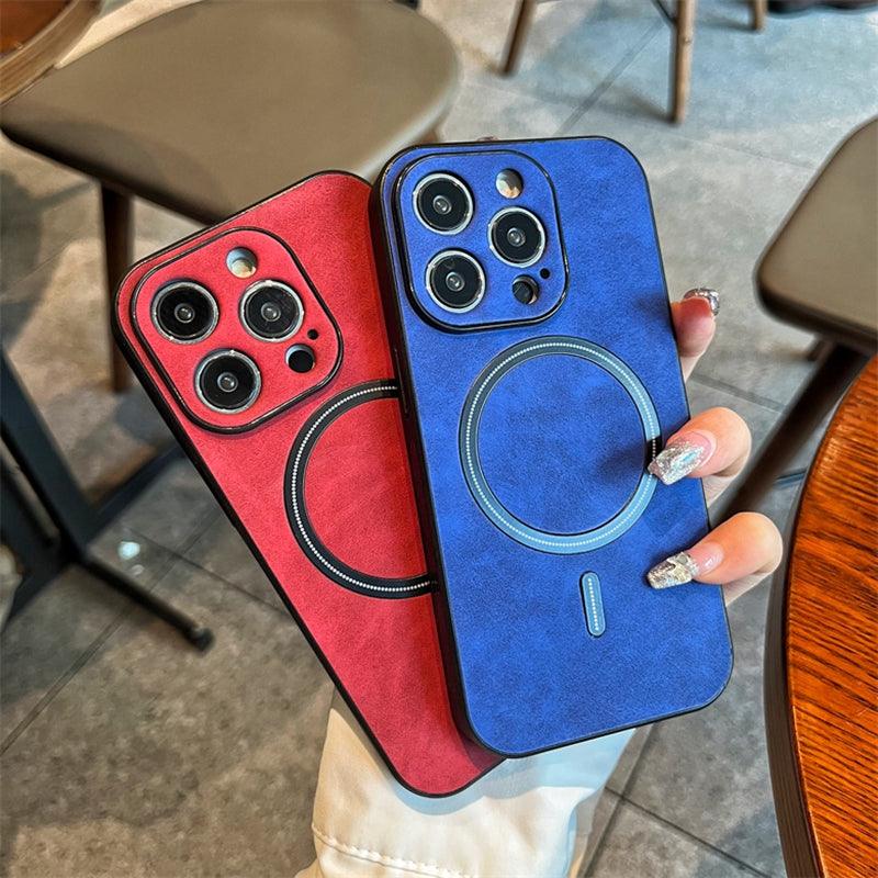 Coques MagSafe magnétiques aspect cuir pour iPhone 14 Pro en rouge et bleu avec anneaux magnétiques visibles. - Wiqeo