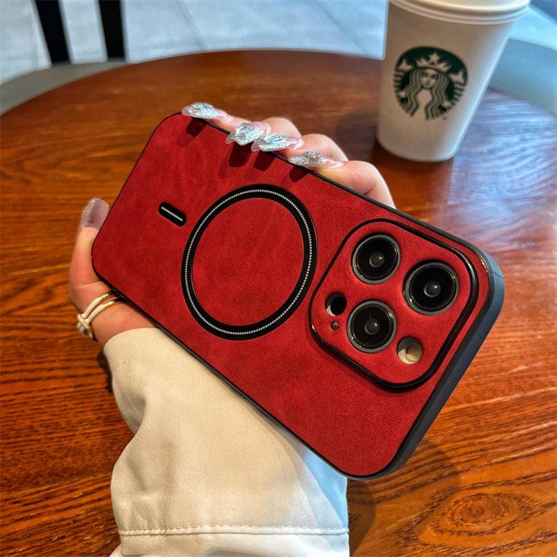 Coque Magsafe rouge effet cuir avec anneau magnétique pour iPhone 14 Pro. - Wiqeo